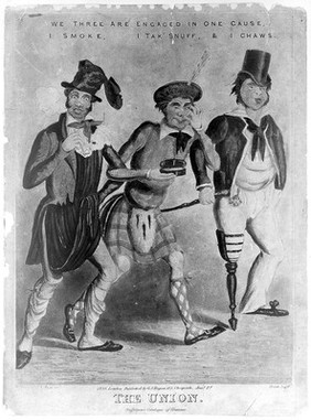 Tobacco: an Irishman, a Scot and an English sailor smoke, take snuff and chew respectively. Coloured aquatint by Hunt, c. 1833, after W. Summers after C. J. Grant.