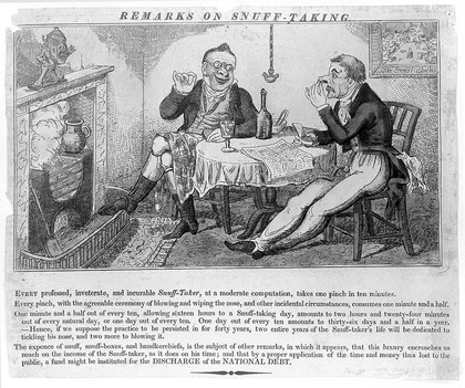 Two men at a fireside table taking snuff; remarks on snuff-taking below. Coloured etching, c. 1825.