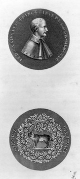 Federigo Cesi, and a lynx: obverse and reverse of a medal showing him as a member of the Accademia dei Lincei. Line engraving.