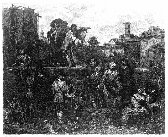 An itinerant medicine vendor performing on stage with several assistants, selling their wares to a small audience in Rome. Etching by W. Unger after D. Helmbreker.