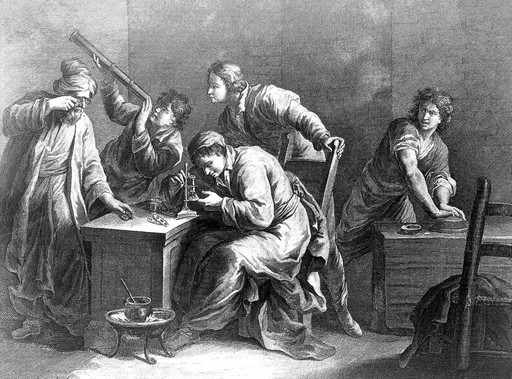 An old man wearing spectacles and his four pupils experiment using optical instruments and materials. Line engraving by F. Pedro after F. Maggiotto.