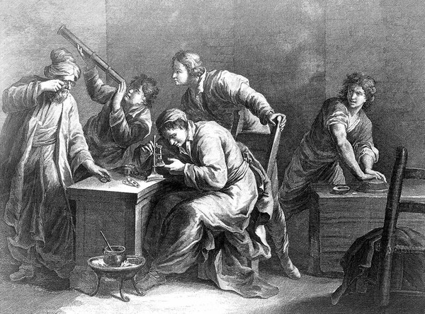 An old man wearing spectacles and his four pupils experiment using optical instruments and materials. Line engraving by F. Pedro after F. Maggiotto.