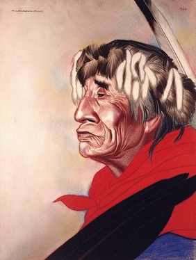 Tsaxcoomipa or Big Painted Lodge, a medicine man of the Blackfeet tribe. Pastel by W. Langdon Kihn, 1926.