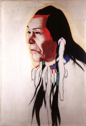 Albert Mad Plume, a North American medicine man. Coloured pastel drawing by W. Langdon Kihn, 1926.