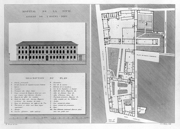 Hôpital de la Pitié, Paris: facade and floor plan. Line engraving by J.E. Thierry after H. Bassat, 1812.