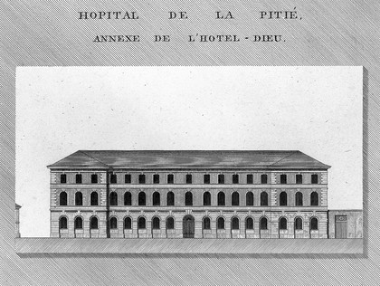 Hôpital de la Pitié, Paris: facade and floor plan. Line engraving by J.E. Thierry after H. Bassat, 1812.