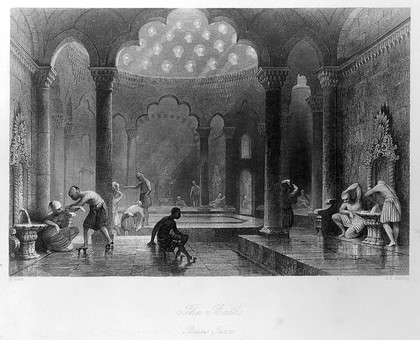 A Turkish bath. Engraving by M.J. Starling after T. Allom.