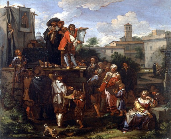 Itinerant medicine vendors in Rome. Oil painting attributed to Dirk Helmbreker.