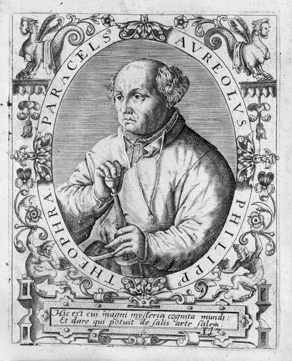 Aureolus Theophrastus Bombastus von Hohenheim [Paracelsus]. Line engraving by T. de Bry.