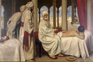 view Albucasis blistering a patient in the hospital at Cordova. Oil painting by Ernest Board.