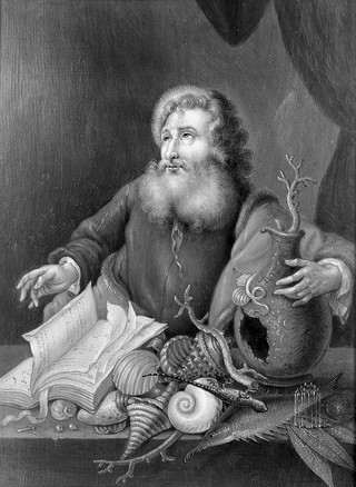 A man with coral, shells, fish, and a book. Oil painting by a German (?) painter, 17th (?) century.