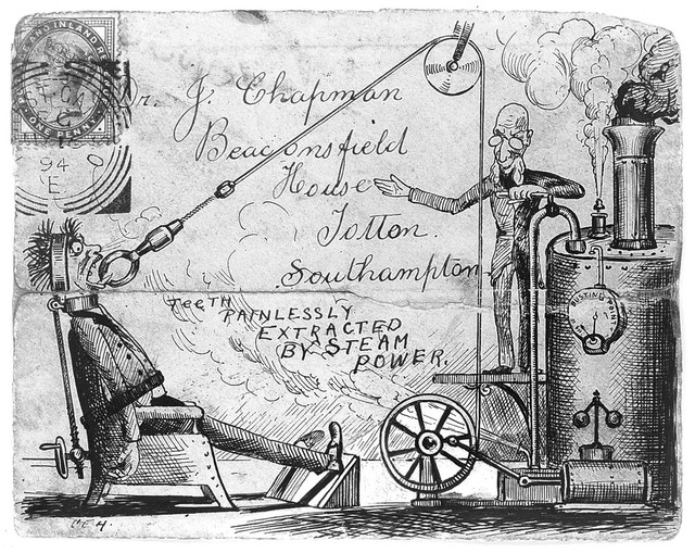 A scientist using a steam machine with pulley to extract a tooth from a man. Pen drawing by C.E.H., 1894.