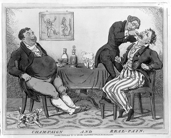 A tooth-drawer extracting a man's tooth while his friend is watching and enjoying a glass of champagne. Coloured etching.