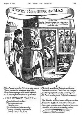 The shop of a tooth-drawer, barber, apothecary and blood-letter called "Dickey Gossip", with a song about him. Process print, 1931, after an etching, 1795.