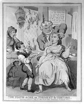 A tooth-drawer in his establishment feeling the tooth of a bemused female patient, his assistant holds the pincers in readiness for extraction. Coloured etching by T. Rowlandson, 1823.