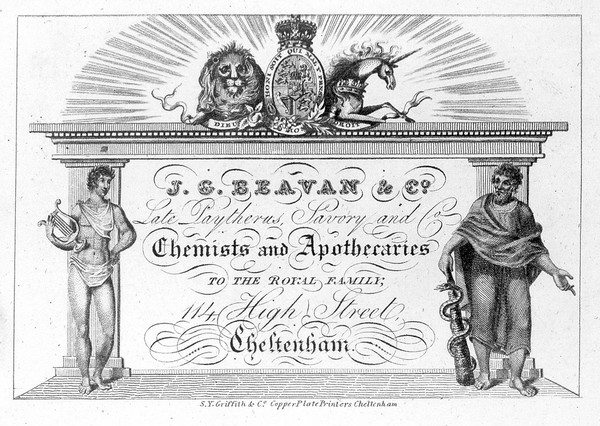 Advertisement for J. G. Bevan and Company, chemists and apothecaries, circa 1820