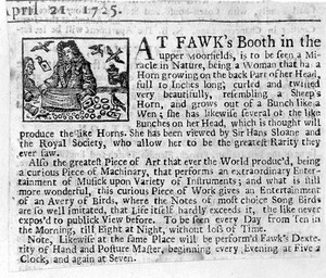 view Newspaper cutting: advertisement for Fawk's booth, Upper Moorfields, London