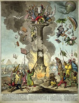 French savants huddled together at the top of a column, while a band of Bedouin Arabs set fire to it below; exaggerating the troubled experience of the 'Commission des Sciences et des Arts' during Napoleon's invasion of Egypt. Coloured etching by J. Gillray, 1799.