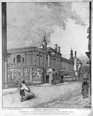 The Hospital of Bethlem [Bedlam] at Moorfields, London: seen from the south, with three people in the foreground. Etching by J. T. Smith after himself, 1814.