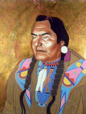 view Short face, a Blackfeet medicine man. Colour pastel drawing by W. Langdon Kihn.