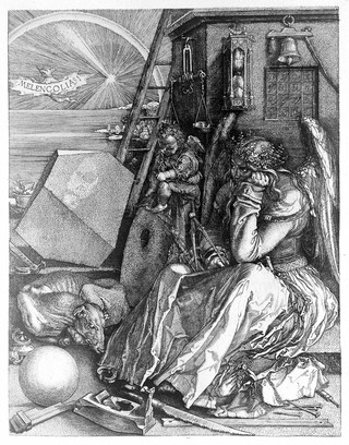 A despondent winged woman holding a geometrical instrument surrounded by attributes associated with knowledge; representing melancholia. Heliogravure attributed to C. Amand-Durand, 18--, after A. Dürer, 1514.