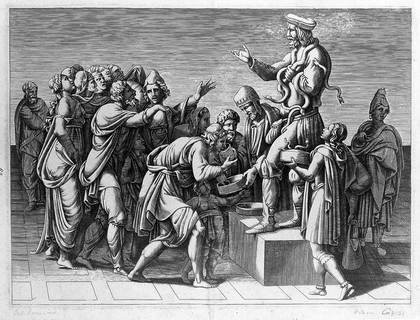 An itinerant medicine vendor, draped with live snakes, sells his wares from a stage to an enthusiastic audience. Line engraving by D. Ghisi after G. Romano.