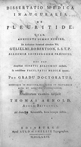 Dissertatio medica inauguralis de pleuritide ... / [Thomas Arnold].