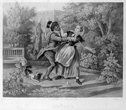 A young woman repulses the attentions of a young black manservant by pinching his nose. Tinted lithograph by H. Jessen after C. Förster.