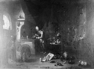 view An alchemist in his laboratory. Oil painting by a follower of David Teniers the younger.