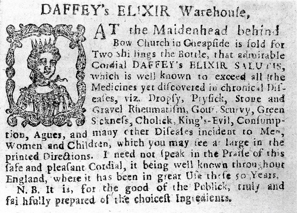 Text: advertisement for Daffey's Elixir, 18th century