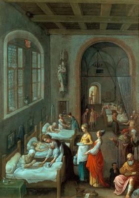 Saint Elizabeth of Hungary bringing food for the inmates of a hospital. Oil painting by Adam Elsheimer, ca. 1598.