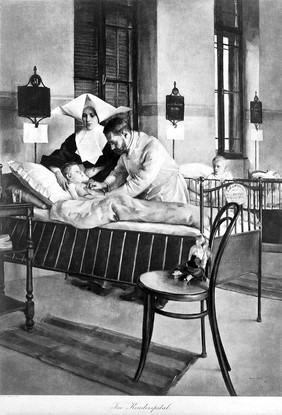 A physician examining a child, who is being comforted by a nurse in the ward of a childrens' hospital. Photogravure by J.Löwy, 1901, after I. Knopp, 1892.