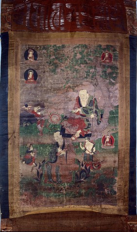 Two elders: Nāgasena (Tibetan kLu'i-sde) (above) and Panthaka (Tibetan Lam-bstan) (below). Distemper painting by a Tibetan painter.