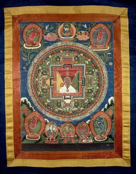 Vajrayogini (Tibetan rDo-rje rNal-byor-ma) and her retinue. Distemper painting by a Tibetan painter.