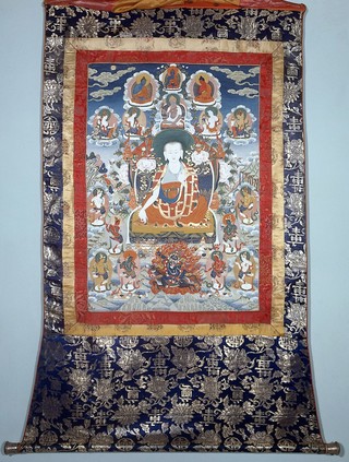 Tibetan medicine and its divine origins. Distemper painting by Chundu, 1970.