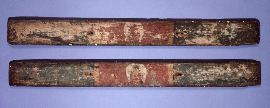 Painted wooden endboards from Sanskrit manuscript on Buddhism