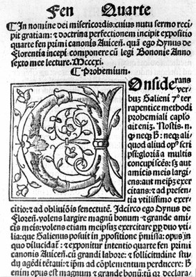 Dynus super quarta primi. Dyni Florentini super quarta fen primi Avicennae praeclarissima commentaria. [Expositio super canones universales] / [Dinus].