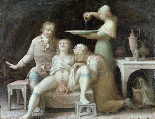A birth-scene. Oil painting by a French (?) painter, 1800.