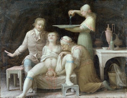 A mother giving birth to a baby. Oil painting, 1800.