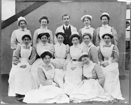 General Lying In Hospital, York Road, Lambeth: group of nurses. Photograph, 1908.