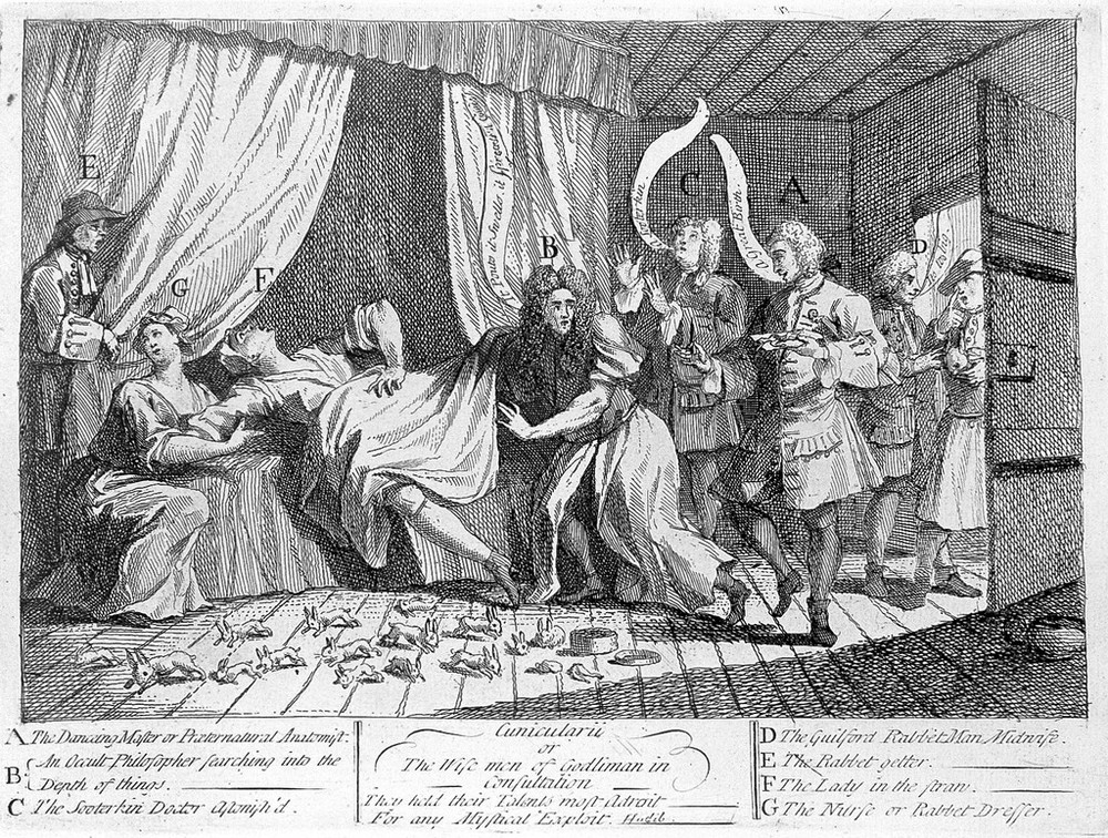 Hogarth’s 1726 satire of Mary Toft and the examining doctors; a caricature of the affair.