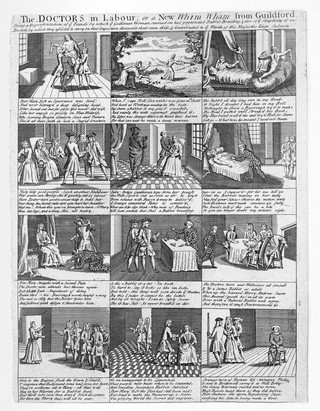 Mary Toft (Tofts), who duped several doctors into believing she had given birth to a litter of rabbits: twelve episodes. Etching.