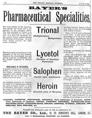 Advertisement for Bayer drugs, 1899