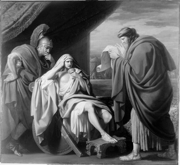 Alexander the Great demonstrating his trust in his physician Philip of Acarnania by drinking a medicinal draught prepared by him despite allegations that it was a poison. Oil painting by Benjamin West, ca. 1771.
