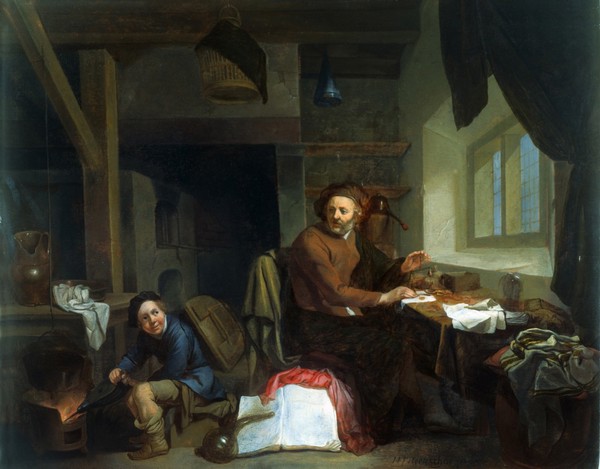 An alchemist making gold. Oil painting by Hendrik Heerschop, 1665.