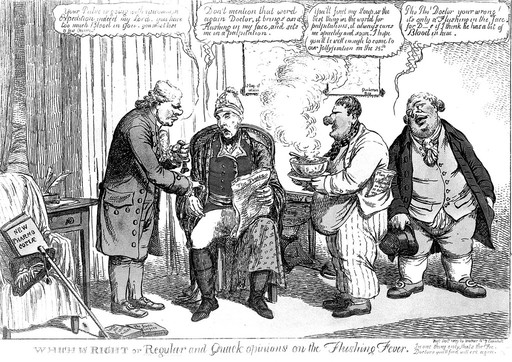 Three doctors converge around a patient; satirizing Pitt's growing upopularity. Coloured etching by C. Williams, 1809.