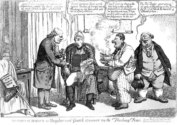 Three doctors converge around John Pitt, 2nd earl of Chatham, as their patient; representing the embarrassment of the failed Walcheren Expedition in Flanders. Coloured etching by C. Williams, 1809.