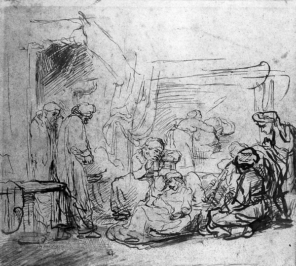 The death of Sapphira (?). Pen and ink drawing after a hypothetical drawing by Rembrandt van Rijn and one of his students.
