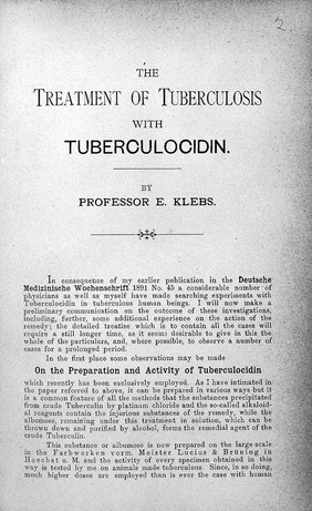 Treatment of tuberculosis with tuberculocidine, by Klebs.