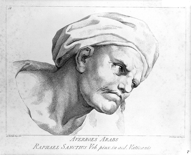 Averroes. Line engraving by D. Cunego, 1785, after A. R. Mengs after Raphael Sanzio.